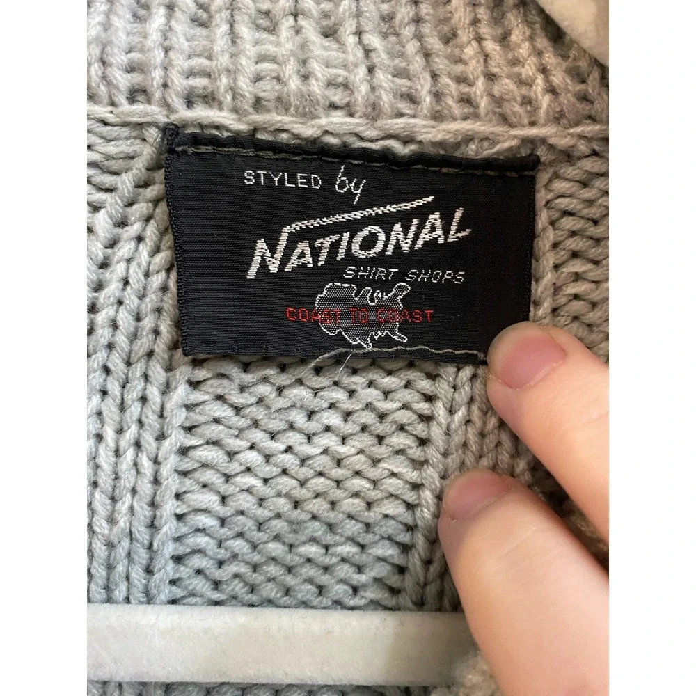 Vintage 70s‎ National Shirt Shops Zip Up Gray Cardigan Chunky Cable Knit Large